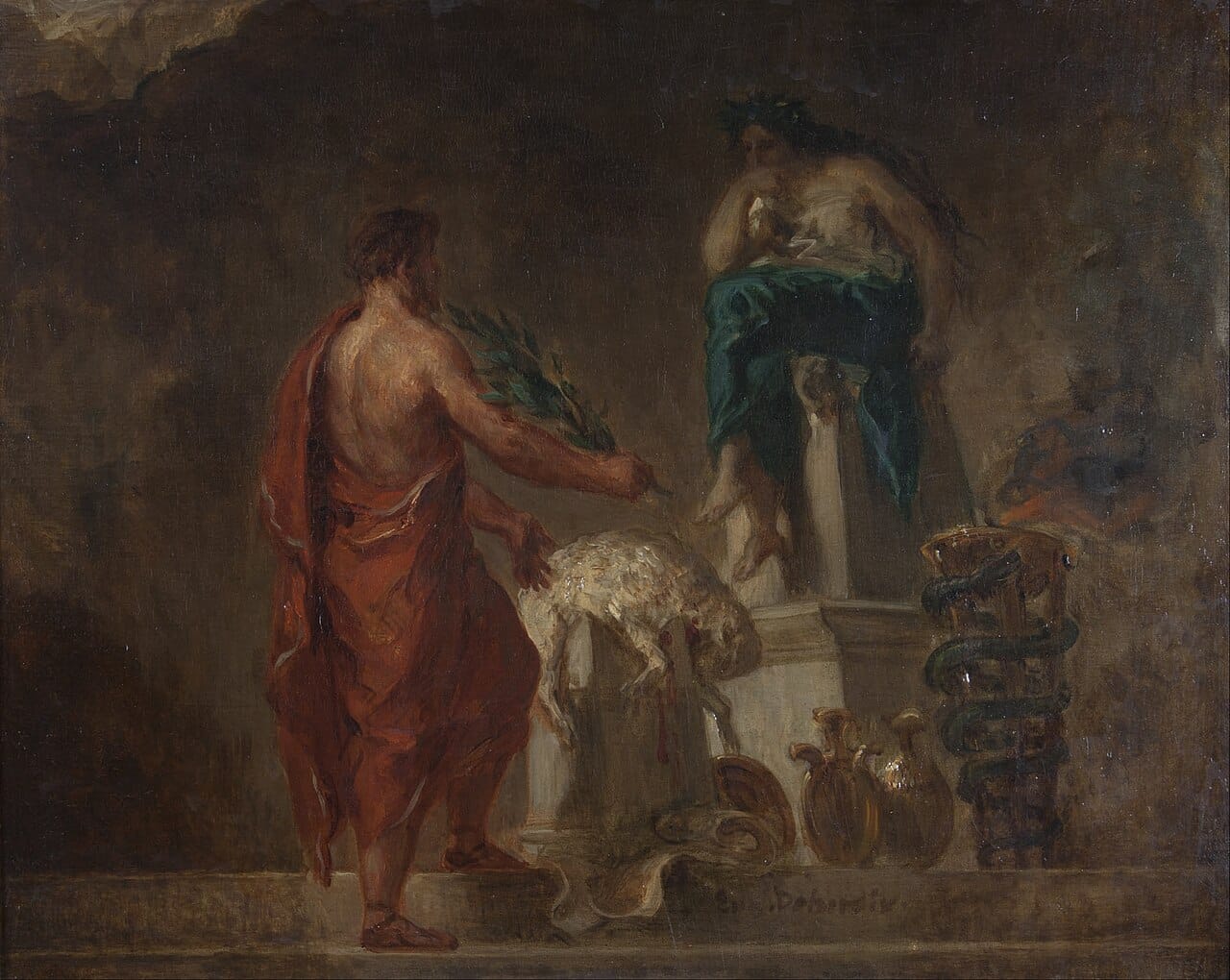 Consulting the oracle at Delphi. Jaynes treated the ancient prevalence of oracles and prophecy as evidence of a mind organised to receive instruction rather than to deliberate.