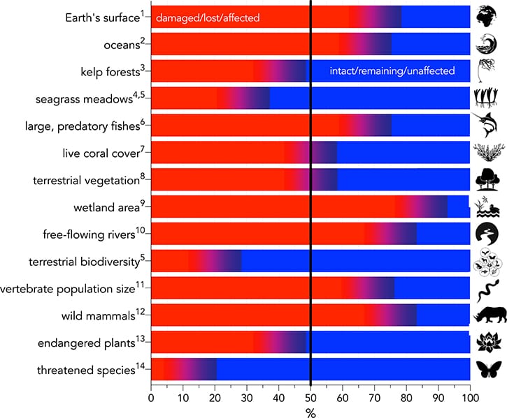 Environmental change across categories. Habitat conversion, exploitation, climate change, pollution and invasive species are the principal drivers, and habitat loss is the largest of them.