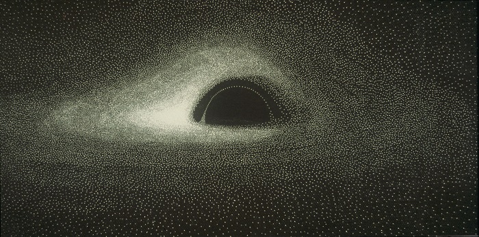 The first computer simulation of how a black hole's gravity would bend the light around it, by Jean-Pierre Luminet in 1979. Credit: Jean-Pierre Luminet (CC BY-SA 4.0).