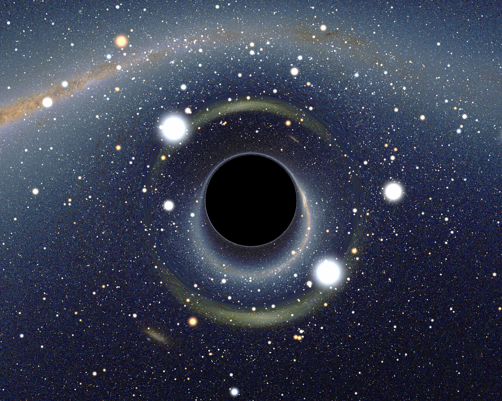 A simulated view of a black hole bending the light of the stars behind it.