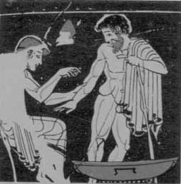 An ancient Greek vase painting showing a physician bleeding a patient.