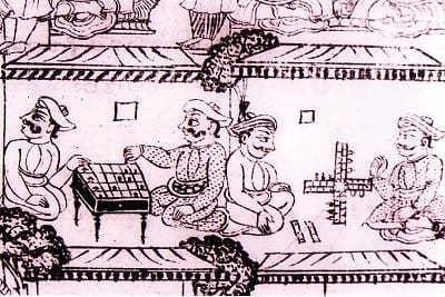 Figures playing a board game, from an ancient depiction. Boards and pieces survive from several early civilisations, and depictions establish that the games were widely played.
