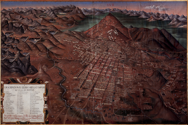 The silver-mining city of Potosi, whose mountain enriched the Spanish Empire at terrible human cost. Credit: Gaspar Miguel Berrío (Ca 1706-Ca 1762) (Public domain).