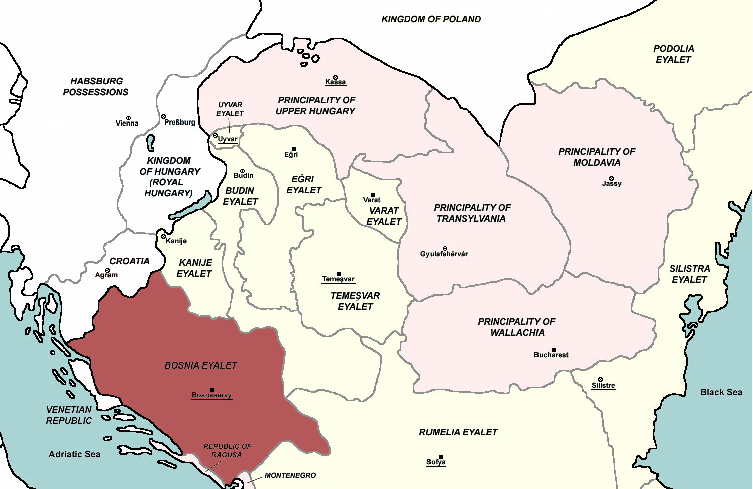 A map of the Bosnia Eyalet, the Ottoman province, around 1683. Four centuries of Ottoman rule made Bosnia a meeting of faiths, its Muslim, Orthodox, and Catholic communities living side by side.