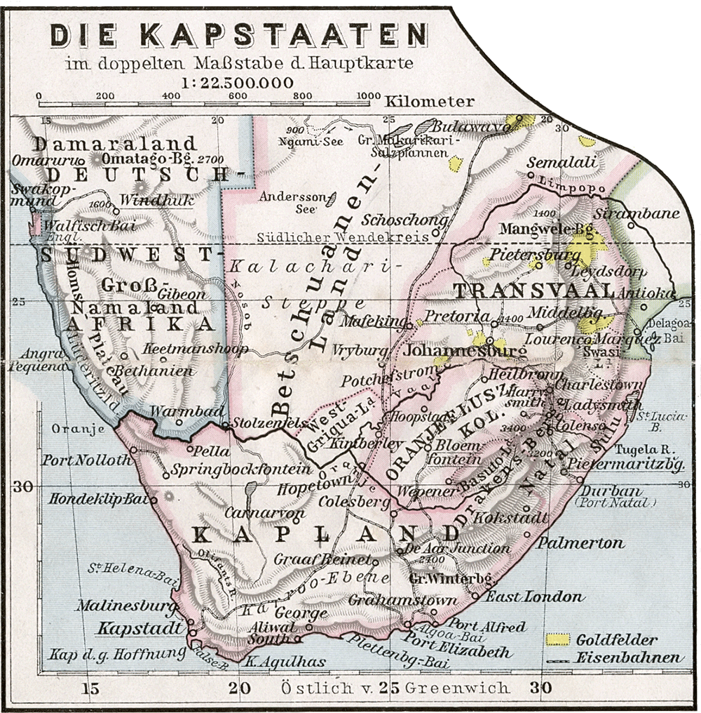 A 1905 German map of southern Africa showing the still-undivided Bechuanaland. Under a light British protectorate, the territory avoided the settler colonisation that transformed the lands around it.