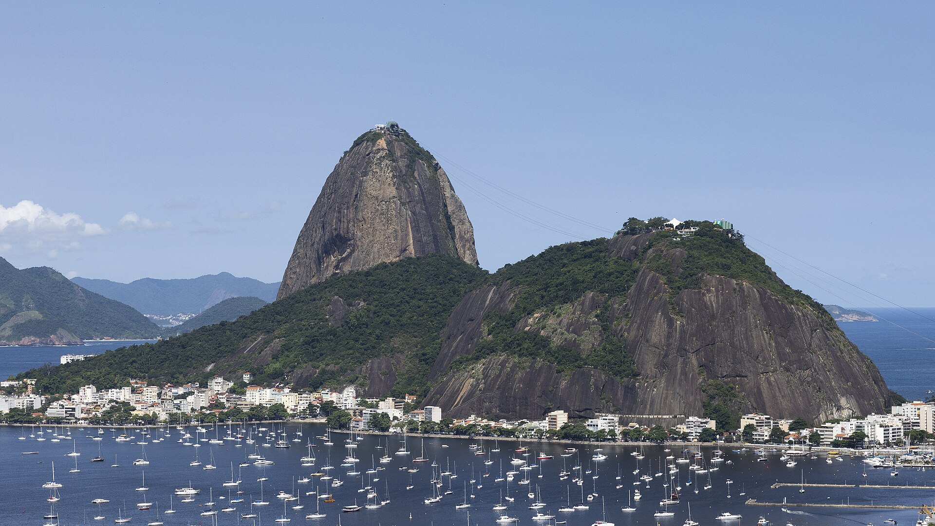 Sugarloaf Mountain above Rio de Janeiro. The granite peak rising straight from the sea is one of Brazil's most recognisable landmarks and a symbol of the city.