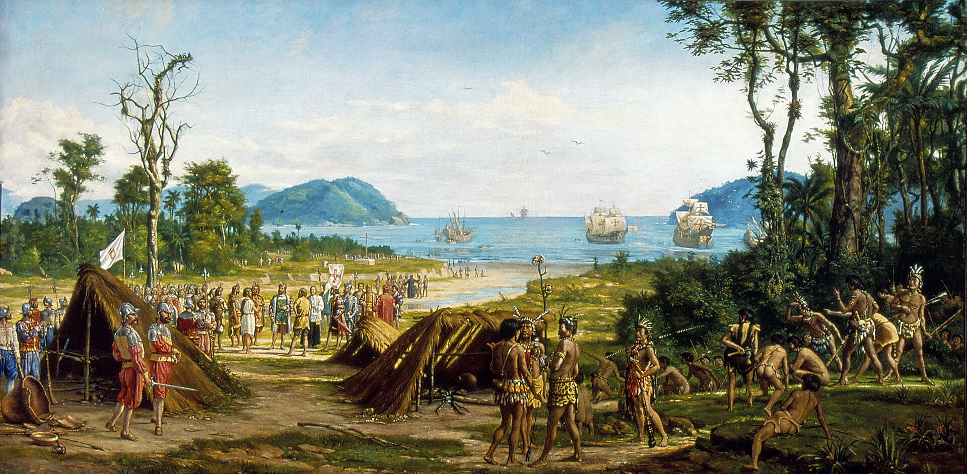 The founding of Sao Vicente in 1532, one of the first permanent Portuguese towns in Brazil. Such coastal settlements anchored a colony soon built on sugar and enslaved labour.