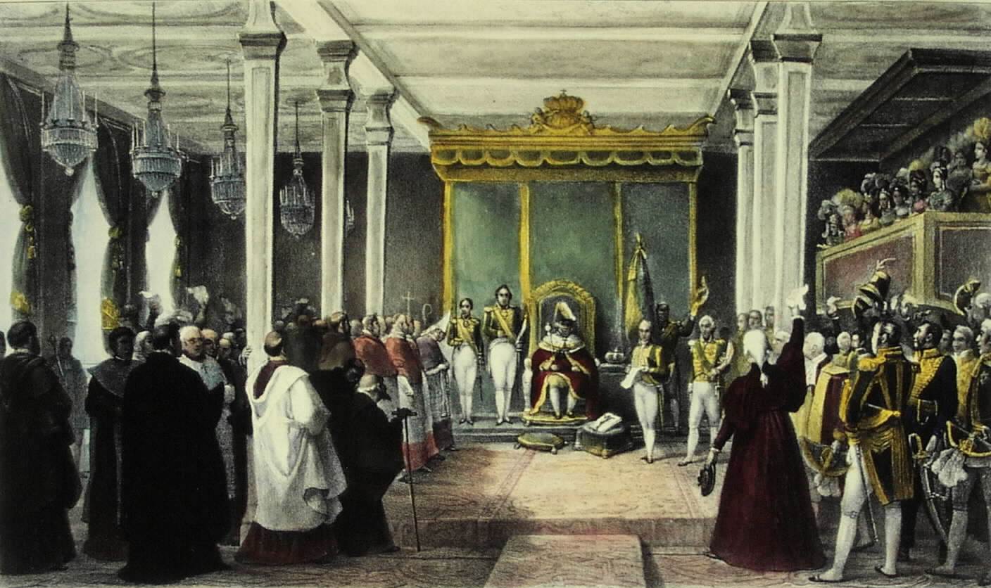 The acclamation of King Joao VI. In 1808 the Portuguese royal court fled Napoleon and moved to Rio de Janeiro, briefly making the colony the seat of the entire Portuguese empire.