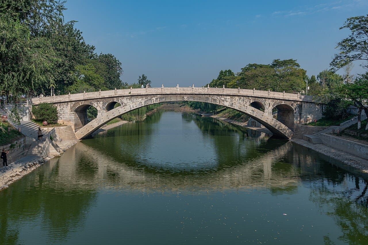 The Anji Bridge in China, completed around 605 and still standing. Its shallow segmental arch was far ahead of European practice and reduced both material and approach height.