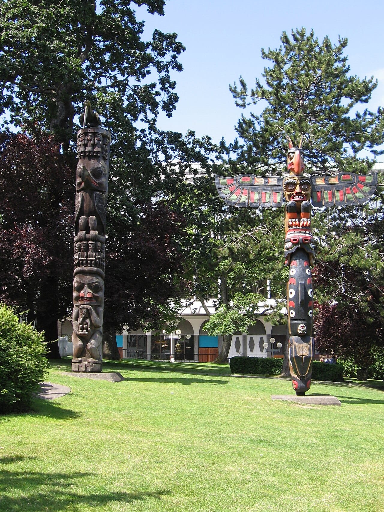A totem pole of the Pacific Northwest, carved by the Indigenous peoples of the coast. British Columbia was home to some of the richest and most artistically accomplished First Nations in the Americas, sustained by the abundance of the sea.