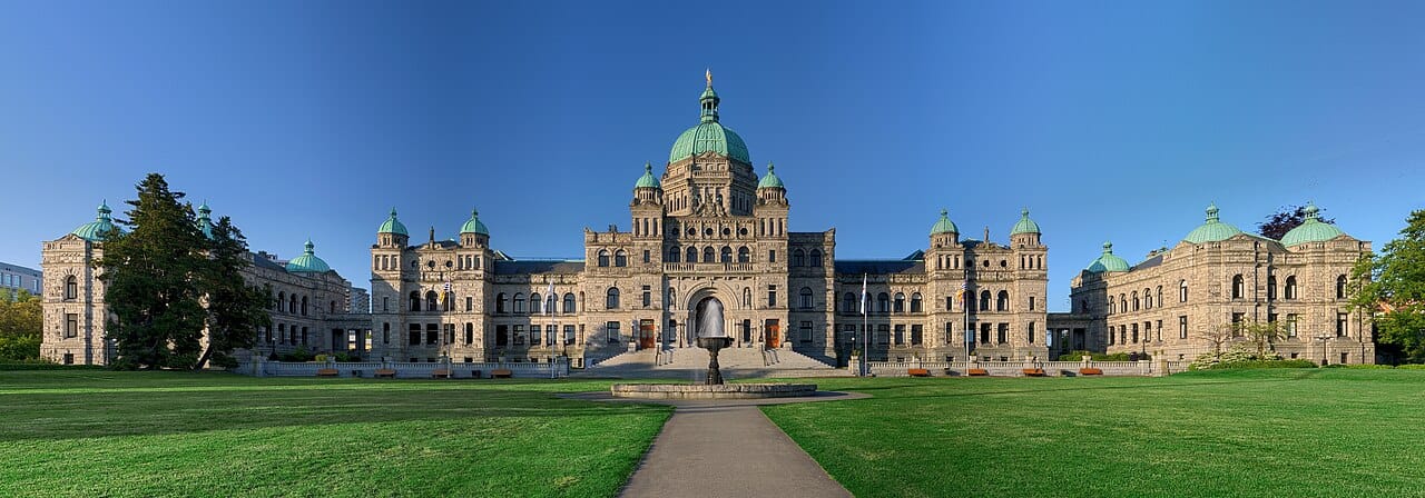 The British Columbia Parliament Buildings in Victoria, the provincial capital, overlooking the harbour. Opened in 1898, they are the seat of the province's Legislative Assembly.