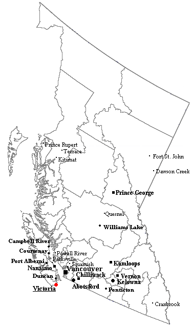 A map of British Columbia, a vast and mountainous province on the Pacific coast. Ranges run the length of the province, cut by deep valleys and fjords and fronting a long, island-studded shore.