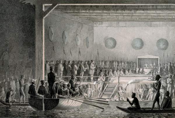 The English adventurer James Brooke negotiating with Brunei; the sultanate ceded the territory that became Sarawak. Credit: F. M. DELT. Printed by : M. N. HANHART LITH. (The British Collection) (Public domain).