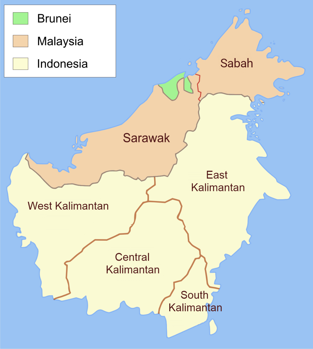 A map showing how the island of Borneo was divided, with Brunei reduced to two small coastal enclaves surrounded by the Malaysian state of Sarawak. The once-mighty sultanate shrank to a fraction of its former reach.