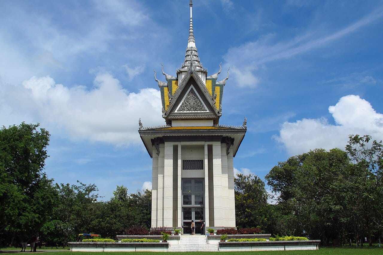 The memorial stupa at Choeung Ek, one of the killing fields where the Khmer Rouge murdered their victims. It holds the skulls of some of the roughly two million Cambodians who died under the regime between 1975 and 1979.
