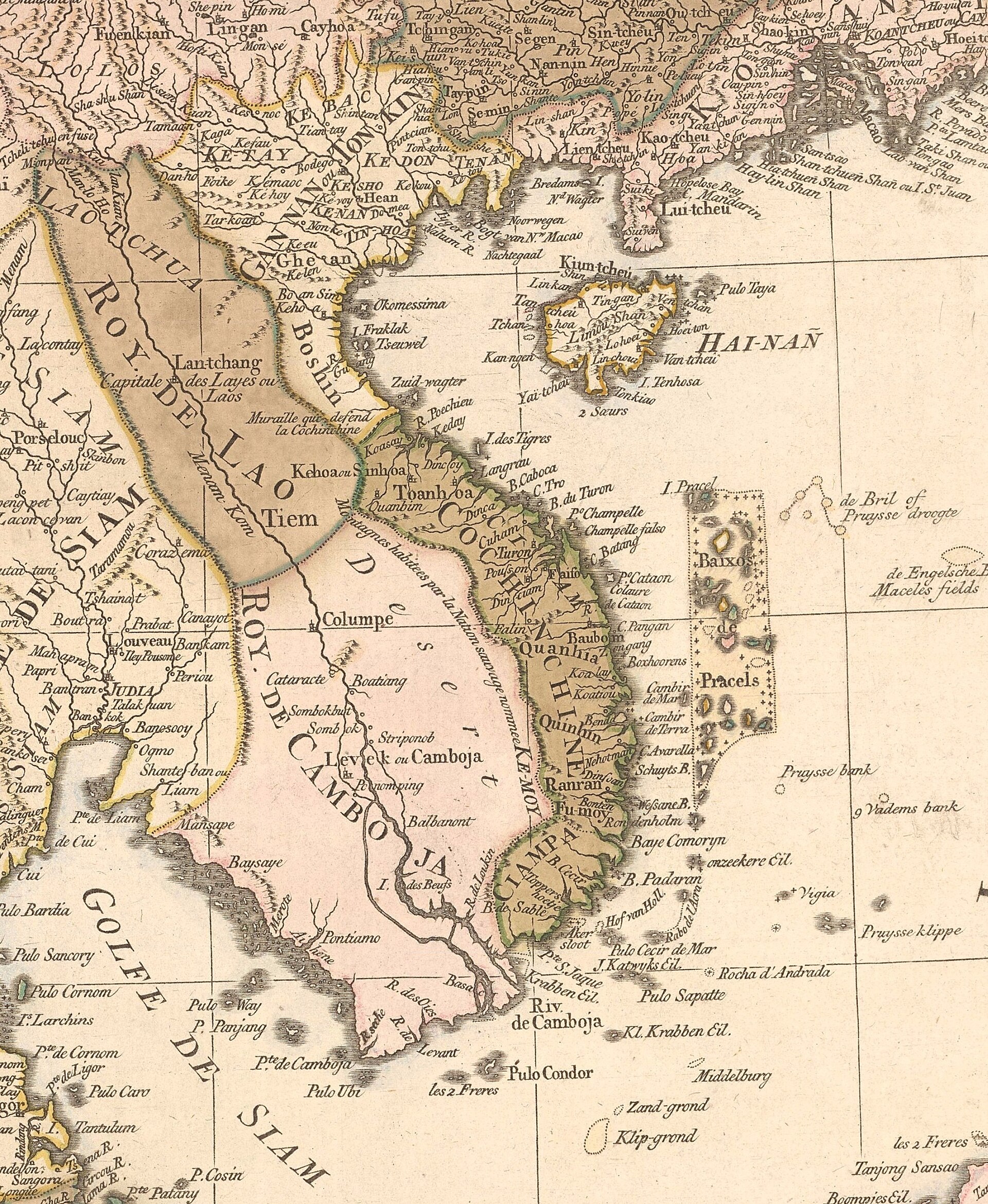 A historical map of the region in 1760, when Cambodia had shrunk to a small kingdom squeezed between an expanding Siam and Vietnam. To escape being swallowed, it later accepted French protection.