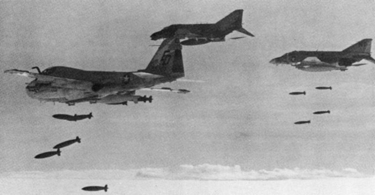 A United States aircraft over Cambodia during the bombing campaign of the early 1970s. The secret and massive bombing, aimed at Vietnamese forces using Cambodian soil, helped destabilise the country on the eve of the Khmer Rouge takeover.