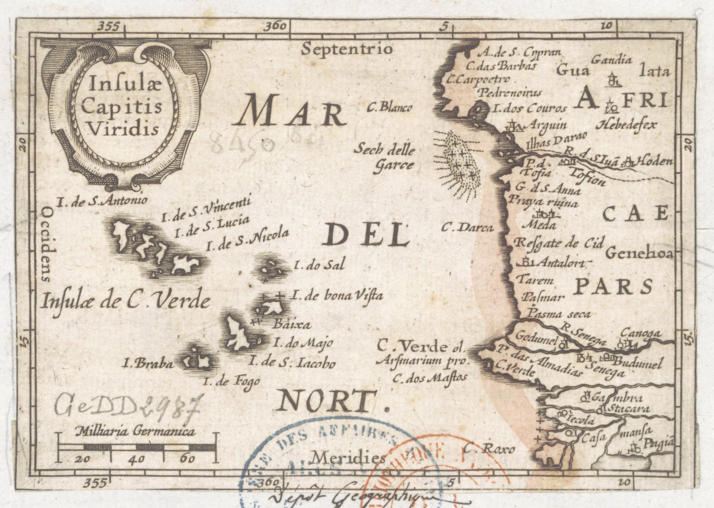 A 1598 map of the Cabo Verde islands. Uninhabited before the Portuguese settled them from 1462, the archipelago became one of the first European colonies in the tropics and a hub of the Atlantic slave trade.