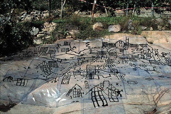 The Bedolina engraving in northern Italy, showing fields and paths in plan view. It is among the oldest known representations of a place as seen from above.