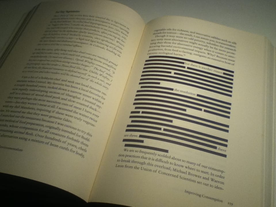 A page with a passage removed. Redaction leaves visible evidence that something has been withheld, which is a different act from suppressing it invisibly.