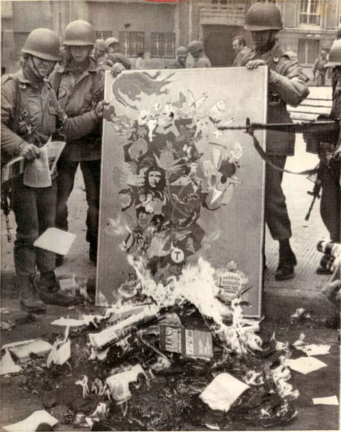 Books being burned in Chile in 1973. Destruction of texts is the most visible form of censorship and among the least effective at removing ideas.