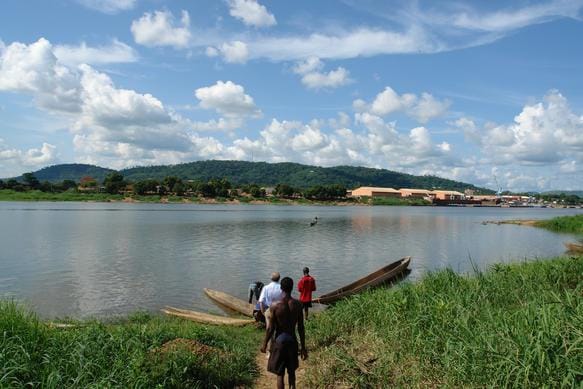 The Ubangi River near Bangui. A major tributary of the Congo, it forms much of the southern border and is the landlocked country's main outlet, with goods moving by barge toward Brazzaville.