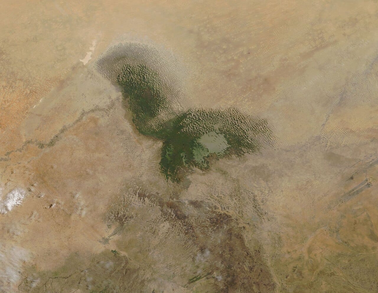 A satellite view of the much-diminished Lake Chad. Once one of the largest lakes in Africa, it has shrunk drastically through drought and water use, destroying livelihoods and feeding the instability and jihadist violence of the surrounding basin.