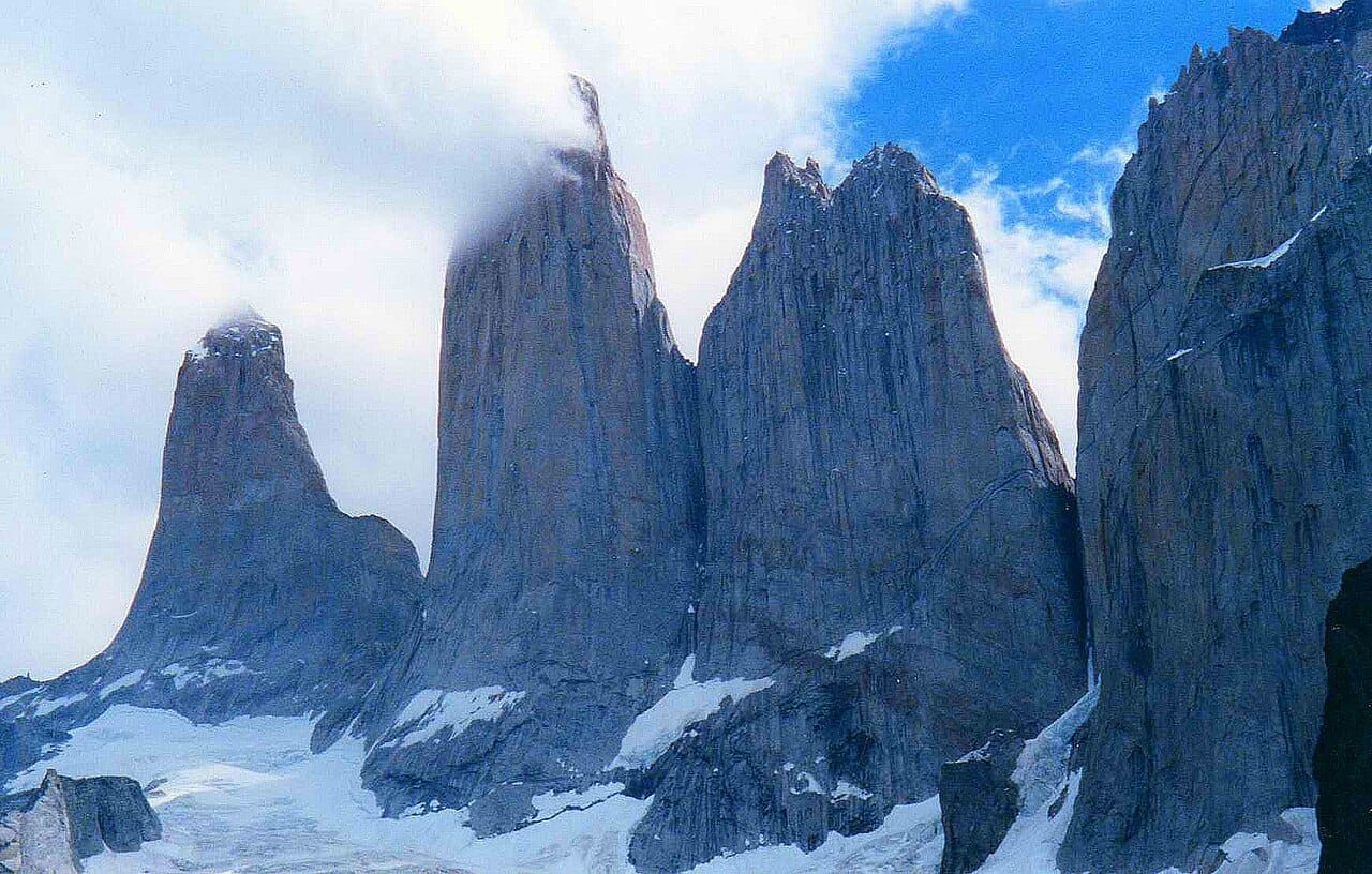 The granite towers of Torres del Paine in Chilean Patagonia. The far south of the country breaks into a wild realm of peaks, glaciers, and fjords, at the opposite extreme from the rainless deserts of the north.