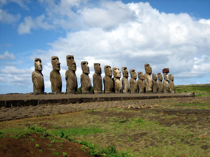The monumental stone moai of Easter Island, or Rapa Nui, a remote Pacific territory of Chile. Carved by a Polynesian society centuries ago, these enormous figures are among the most famous and enigmatic monuments in the world.