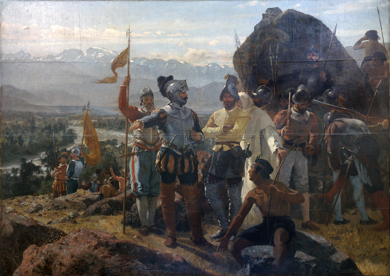 Pedro Lira's painting of the founding of Santiago by the conquistador Pedro de Valdivia in 1541. Spain colonised the central valley, but the Mapuche people to the south resisted European rule for over three hundred years.