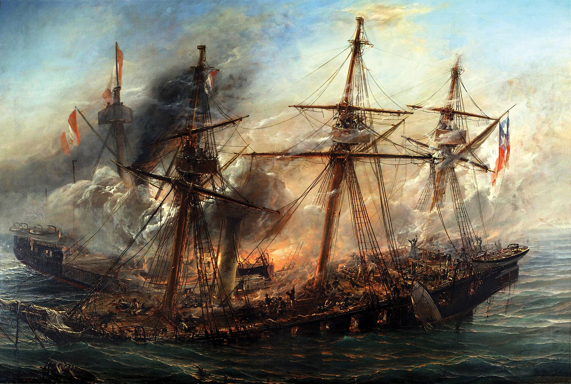 The Battle of Iquique of 1879, a naval engagement of the War of the Pacific. Though a Chilean ship was lost, the heroism of its captain became a patriotic legend, and the war won Chile the mineral wealth of the northern desert.