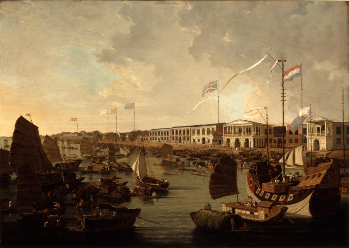 European trading posts at Guangzhou (Canton), around 1805. For decades foreign merchants were confined to this single port, a restriction whose breakdown led to the Opium Wars and a century the Chinese remember as national humiliation.