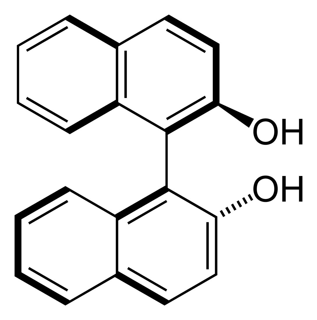 BINOL, chiral because rotation about the bond joining its two ring systems is blocked. Molecules of this type are widely used to make catalysts that produce one enantiomer preferentially.