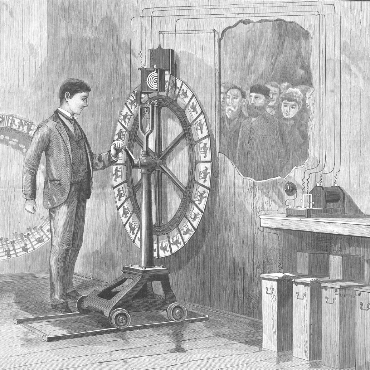 An early device for showing sequential images. Several such machines existed before film, and they established that rapidly presented stills are perceived as motion.