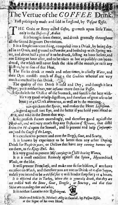 A 1652 handbill advertising coffee, then a novelty in London.