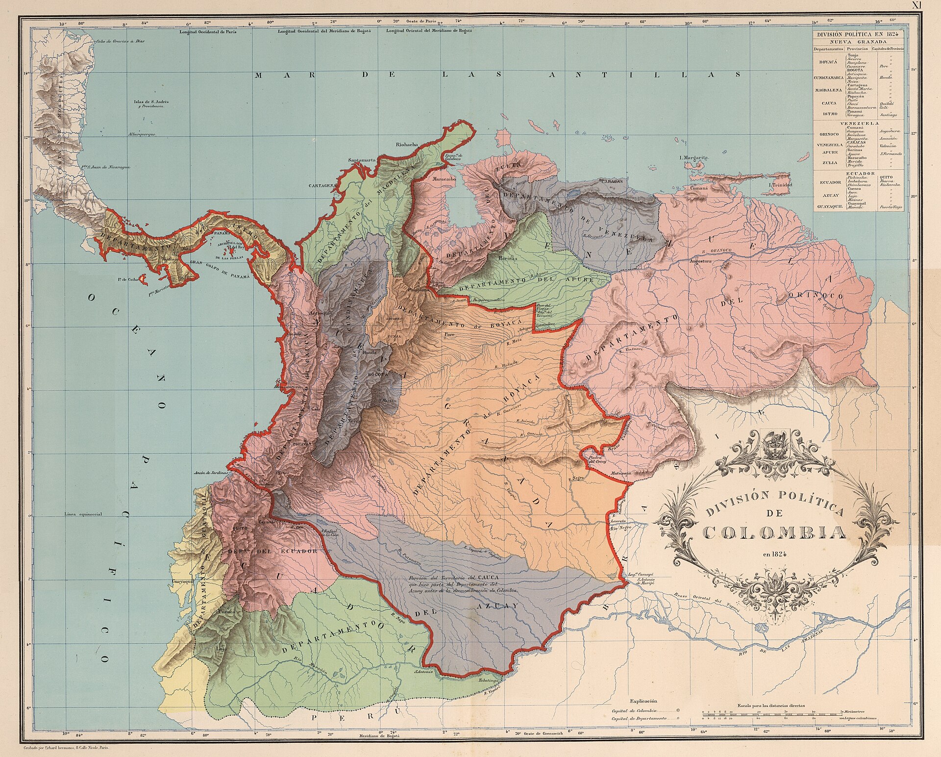 Gran Colombia in 1824, the short-lived union led by Simon Bolivar that briefly joined much of the region.