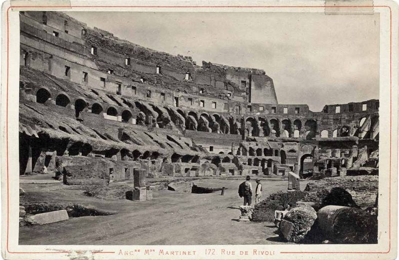 The interior photographed in the nineteenth century, the arena floor gone and the underground hypogeum exposed. Credit: Francis Frith (Public domain).