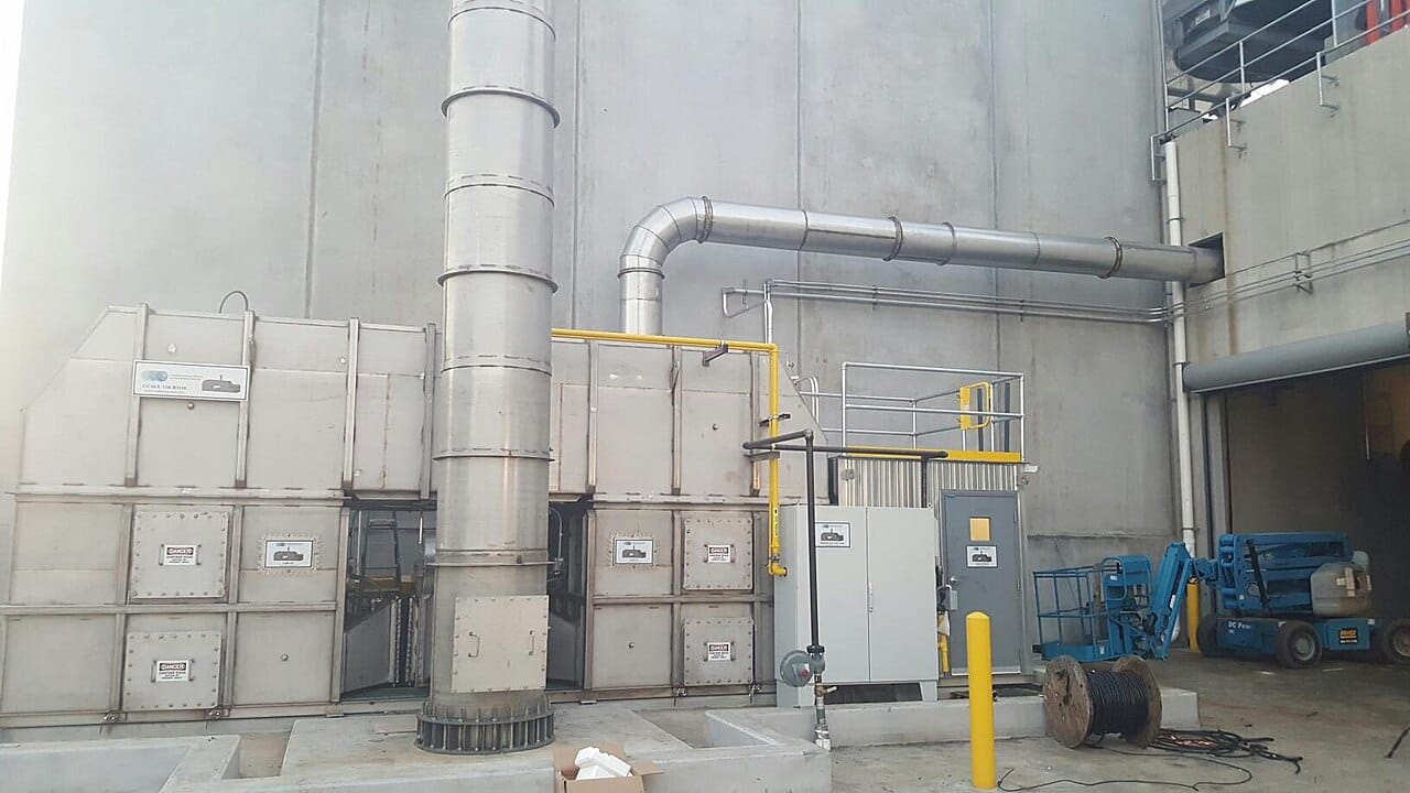 An industrial thermal oxidiser. Controlled combustion is used not only to release energy but to destroy pollutants by burning them completely.