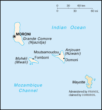 A map of the Comoros. The nation is a union of three volcanic islands, Grande Comore, Anjouan, and Moheli, at the head of the Mozambique Channel between Africa and Madagascar; a fourth, Mayotte, remained French.