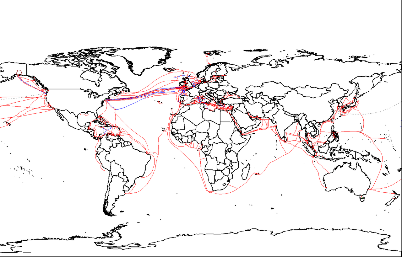 Submarine cables. Almost all intercontinental data traffic travels through a physical cable network whose geography is a small number of concentrated routes.