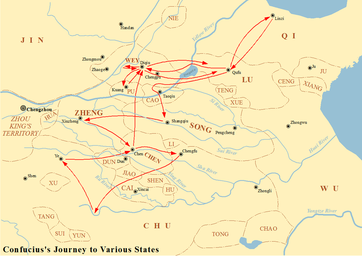 A map of the travels of Confucius as he sought rulers who would heed his teachings.