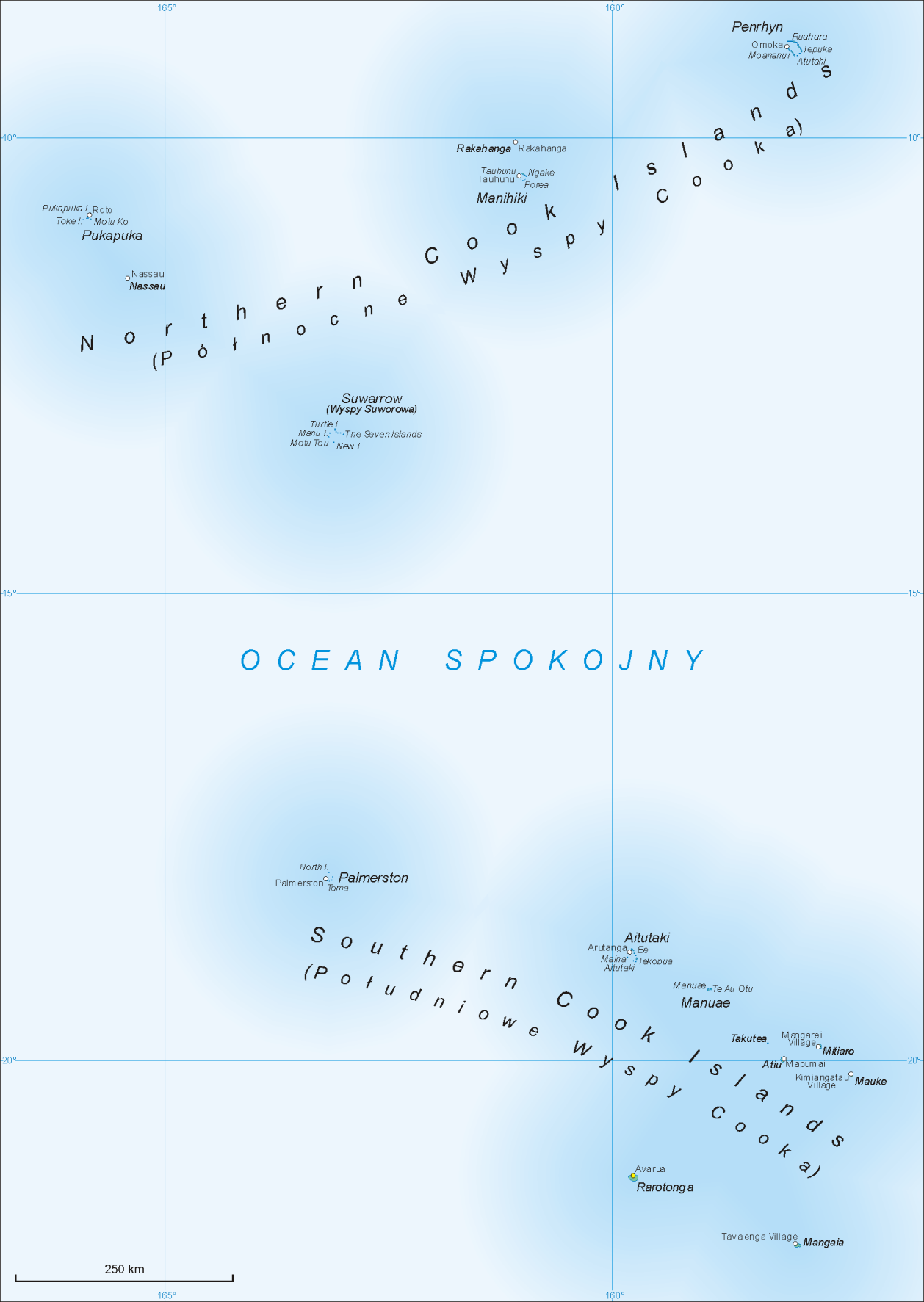 A map of the Cook Islands. Fifteen islands are scattered across roughly two million square kilometres of ocean, divided into a volcanic southern group where nearly everyone lives and a remote northern group of low coral atolls.