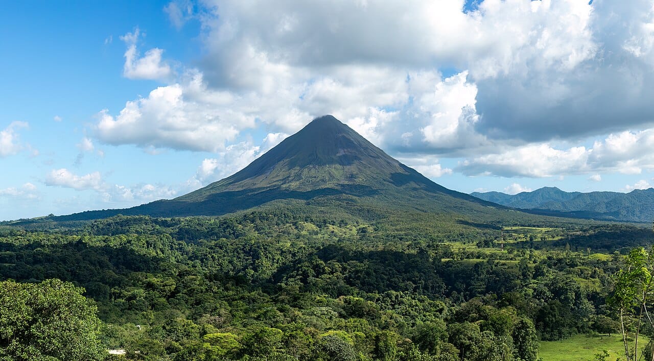 The Arenal volcano, one of the many volcanoes that run down the centre of Costa Rica. The country's volcanic highlands, cloud forests, and two tropical coasts pack an astonishing share of the world's biodiversity into a very small area.