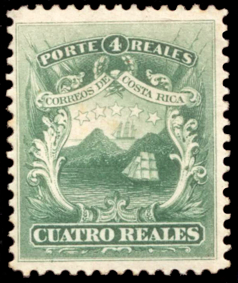 The national coat of arms of Costa Rica on an early postage stamp of 1849. The young republic settled into a stable order that, after 1948, would make it famous as a democracy without an army.