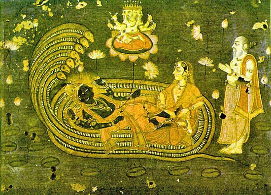 A depiction of Vishnu on the cosmic serpent between world cycles. Several traditions describe repeating cycles of creation and dissolution rather than a single beginning.