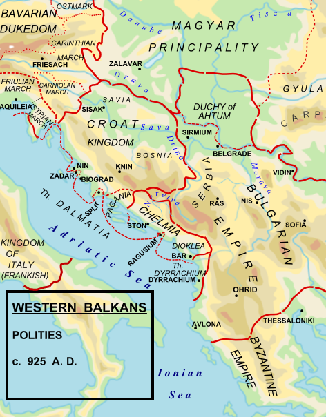 The medieval Kingdom of Croatia around 925, during the reign of its first crowned king. Credit: Hxseek at English Wikipedia (Public domain).