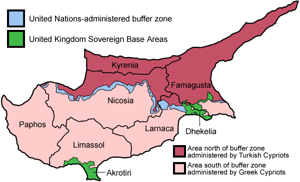 A map of the districts of Cyprus. The third largest island in the Mediterranean, it runs from the Troodos mountains of the interior to a coastline of beaches and headlands, though since 1974 a ceasefire line has cut across it from east to west.