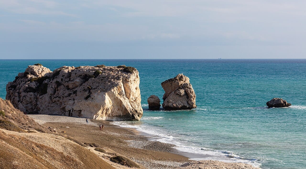 Aphrodite's Rock on the southern coast of Cyprus, where legend says the goddess of love rose from the sea foam. The myth made Cyprus a great centre of her worship in antiquity and remains a cherished part of the island's identity.