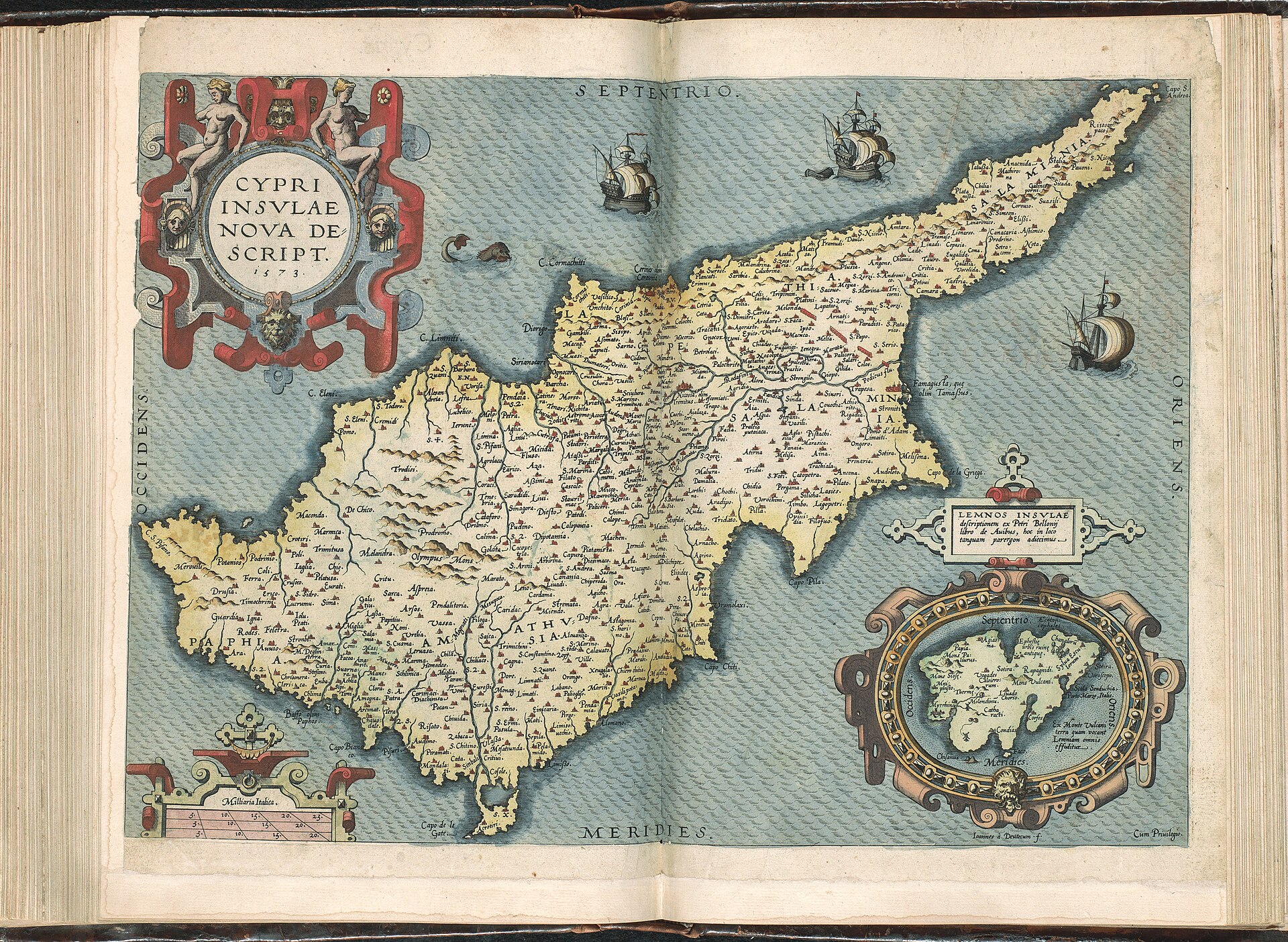 A 1573 map of Cyprus. The island passed through the hands of a long parade of powers, from Phoenicians and Greeks to Romans, Byzantines, Crusaders, Venetians, Ottomans, and finally the British.