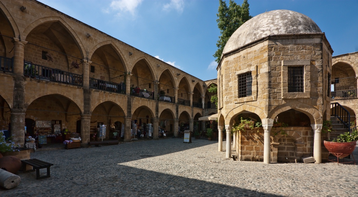 The Buyuk Han, a caravanserai built in Nicosia after the Ottoman conquest of 1571. Three centuries of Ottoman rule brought the Turkish Cypriot community and left a lasting mark on the island's towns and culture.